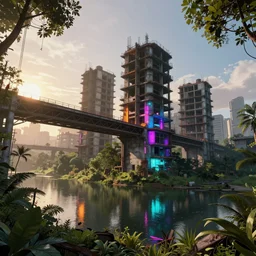 a beautiful detailed render of nature industrial architecture unfinished building urbex bridge by april gornik, retro uv light cyberpunk fisheye thermal imaging neon noir thermal vision nature anime at dawn morning sun lake rainforest vice city apocalyptic, archdaily, wallpaper, highly detailed, trending on artstation.