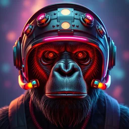 movie poster of a realistic ape head with a steampunk space helmet with multicolored glowing gears and tubes, crisp, trippy, fluorescent colors, insanely detailed, 3 d render, front shot, 3 5 mm