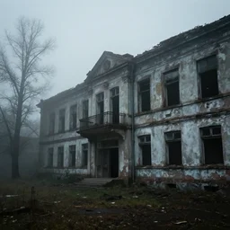 abandoned school ruins, overcast, creepy, scary, cinematic, volumetric lighting, foggy