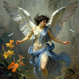 harmony of a winged angel, a dark - haired nymph dressed in blue greek clothes, muted colors, bright flowers, tropical, sunlight penetrating through the skin, dynamic hair movement, dynamic pose, glowing dragonflies, j. c. leyendecker, alan lee, clap! illustrations by starember, fantasy art by craig mullins