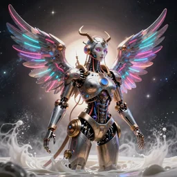 a beautiful intricate fine art portrait photo of a a mechanical industrial steampunk cybernetic angel with neon wings against galactic space, soft backlight, by tom bagshaw and zach sutton, perfection!, milk bath photography, studio lighting, 3 5 mm lens, very detailed, bionic, cybernetic scifi, deep depth of field, artstation, 8 k, highly coherent