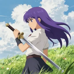 girl with purple long hair holding a sword, serious, extremely detailed, made by wlop, studio ghibli, artgerm, full body portrait, illustration, grass, sunny, sky, anime, side view, perfect anime face, detailed face, zoomed out,
