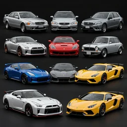 nissan gtr r 3 4, mercedez benz, honda civic, bentley, ferrari, mclaren, mustang, mini cooper, porche, jeep, classic vintage cars, gtr r 3 5, subaru brz, koenigsegg, lamborghini huracan, 8 0 s jdm japanese car and supra in the shape of a concept car design on black background, car photography, 4 k, high resolution, highly detailed