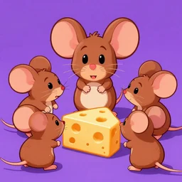 brown mice are celebrating someting around a piece of cheese, purple background, in style of transformice game, 4k
