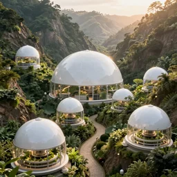 vertical farms and white sci - fi dome in a steep sided valley with trees, a sense of hope and optimism, hyper realistic, high res, 4 k, warm light, edouard groult, bynde, kirill leonov