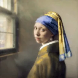 out of foucus woman at the window by johannes vermeer, very blurry, yellowish greenish pale fog, a dark mass of smoke from below