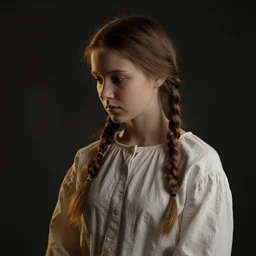 portrait of a russian girl, medium closeup, pigtails, cinematic light, dark background, sideview, looking down, wrinkled cotton shirt, by serge marshennikov, jeremy lipking, alphonse mucha