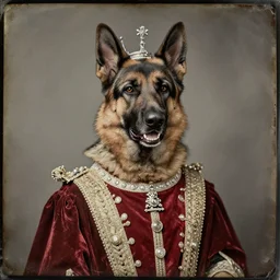 professional studio photo portrait of anthro anthropomorphic german shepard head animal person fursona smug smiling wearing elaborate pompous royal king robes clothes degraded medium by Louis Daguerre daguerreotype tintype