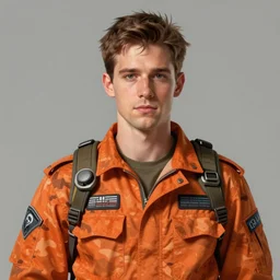 portrait of a man by Greg Rutkowski, who looks like a mixture between Joe Keery and Tye Sheridan wearing orange camouflage military fatigues, scifi, highly detailed portrait, digital painting, artstation, concept art, smooth, sharp foccus ilustration, Artstation HQ
