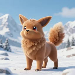 a beautiful electric type pokemon, brown dog with fluffy feathers, full body shot, highly detailed digital art, 3 d perspective, award - winning illustration, aesthetic, smooth, pokemon style, made by greg rutkowski, with snowy mountain landscape in the background