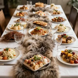 a banquet table filled with food made out of hair and fur