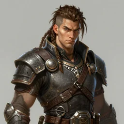 Portrait of a man by Greg Rutkowski, a young, strong and hard-eyed warrior with brown hair with dreadlocks, wearing a futuristic tactical gear that looks like a mix between the samurai, viking and templar aesthetics, mix between tribal and hi-tech, highly detailed portrait, scifi, MMORPG, digital painting, artstation, concept art, smooth, sharp foccus ilustration, Artstation HQ