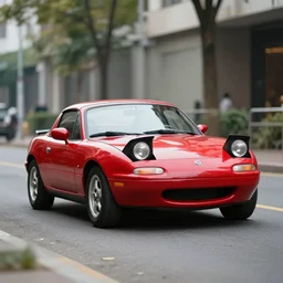 105mm photo of car full view mid distance photograph red Mazda Miata parked on street from 1925