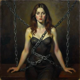 an oil painting of a beautiful woman in chains, cinematic lighting, establishing shot, surrealist, pop art