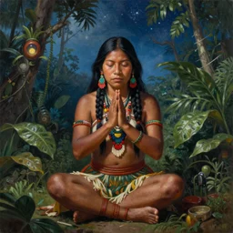 a beautiful painting of an amazonian shaman healer sitting in the jungle, doing a prayer, ayahuasca, high detail painting, fantasy art, highly detailed, realistic face,full body, starry sky, canopee