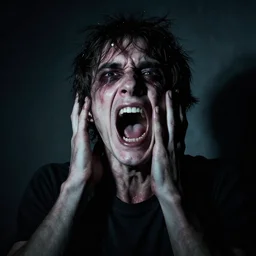 famous portrait of a man screaming in terror by photographer annie leibovitz. fear, morbid, nightmare, creepy, terrifying, 8 k, canon ef 8 5 mm f / 1. 8 usm, chiaroscuro
