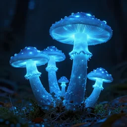 4 huge glowing blue mushrooms grow from the same spot, Mystic
