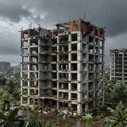 a beautiful very detailed render of architecture building abandoned nature urbex unfinished building industrial architecture chamber by denis sarazhin, rain night, archdaily, wallpaper, highly detailed, trending on artstation.
