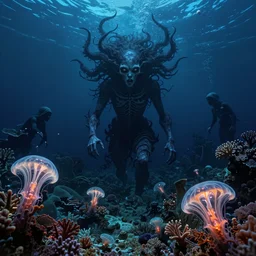 nightmare of the deep ocean by zdzisław beksinski, ed binkley, and wayne barlow, bioluminescent, coral reef, ai biodiversity, ernst haeckel, photorealistic ultrasharp hyperdetailed octane render