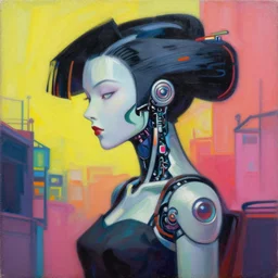 cyberpunk geisha android robot portrait painting, medium shot, asymmetrical, profile picture, organic painting, sunny day, matte painting, bold shapes, hard edges, street art, trending on artstation, by huang guangjian, ash thorp and gil elvgren and sachin teng