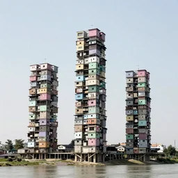 huge towers made up of stacked squatter shacks and makeshift brutalist shelters with pastel colours, suspending over a river, mamiya, f 1. 7, uniform plain sky, fine details, minimalist, photographed by frans lanting