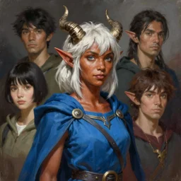 concept art painting of an elf with brown skin and short white hair, demon horns, blue tunic and robes, detailed, d & d style, cel shaded, in the style of ruan jia and artgerm and makoto shinkai and james gurney