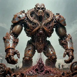 movie still of intricate, sentient, dethroned goliath machine, turbines, hydrocracking, rusted, macerated, eviscerated by fimbria wires, gangrene pit, fungal pit, by alberto bontempi, shigeru komatsuzaki, wayne d barlowe, alex ross, simon bisley & boris vallejo, enric torres, hyper