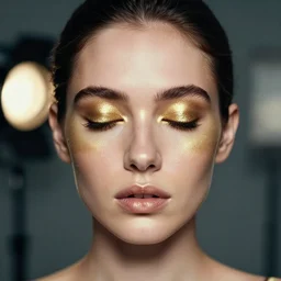 head and shoulder frontal face portrait photography of a beautiful woman wearing golden shiny full reaction diffusion makeup by mark owen. vogue. closed eyes. kodak portra. studio light. ( depth of field ). detailed. hq. realistic. muted colors. filmic. lens flare. mamiya 7 ii, f / 1. 2, symmetrical balance, in - frame