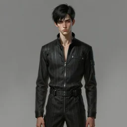 Portrait of a man by Greg Rutkowski, he is about 18 years old, british, short black hair with bangs, young, pale, tall and slim, tired look, he's wearing a black striped jumpsuit, highly detailed portrait, scifi, digital painting, artstation, concept art, smooth, sharp foccus ilustration, Artstation HQ