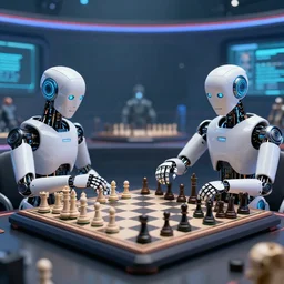 ai virtual robots playing multidimensional intellectual logic chess against each other in a cyberspace thunderdome. hyper detailed, 4 k hd image trending on artstation, featured on behance, well rendered, extra crisp, artistic composition, beautiful lighting, depth of field
