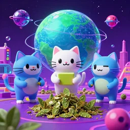 space cats on a other world, 90s techno vibe, trippy and fun, weed, 4K hyper realistic