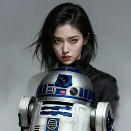 a portrait of random girl as r 2 d 2 droid, humanization, humanized, grim - lighting, high - contrast, intricate, elegant, highly detailed, digital painting, artstation, concept art, smooth, sharp focus, illustration