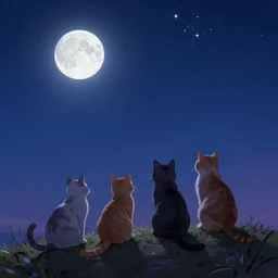 cats on the hill looking at the stars in the sky together at night, moon and stardusts, hyperdetailed, artstation, cgsociety, 8 k