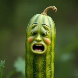 portrait photograph of a cucumber with a screaming face