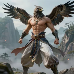 full figure, beautiful fantasy character portrait, male martial artist, fit anthropomorphic hawk, dressed in fluent oriental pants, jeweled, mountain background, hyper realistic, highly detailed by peter mohrbacher, wayne barlowe, boris vallejo, paolo eleuteri serpieri