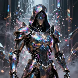 Ultra realist and ultra intricate dark detailed painting of an powerful hooded armor iridescent assassin lord, human face, biomechanical complex body, 3D render, symmetry, rich style, glowing iridescent sparks and smoke behind, crystallic cyberpunk megastructure background, artstation, colorful, badass, dark ominous stealth, unreal render, depth of field