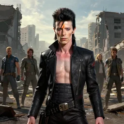 fallout 4, charismatic david bowie, portrait, outdoors ruined cityscape, atmospheric lighting, painted, intricate, volumetric lighting, beautiful, daytime, sunny weather, slight overcast, sharp focus, deep colours, ultra detailed, by leesha hannigan, ross tran, thierry doizon, kai carpenter, ignacio fernandez rios