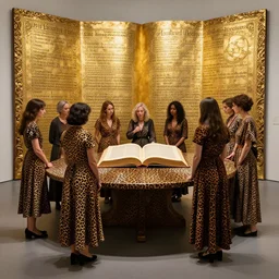 aesthetic leopard print, illuminated codex gilded by debbie criswell, by michael malm. a beautiful installation art of a group of people standing around a circular table. in the center of the table is a large, open book. the people in the installation art are looking at the book with interest & appear to be discussing its contents.