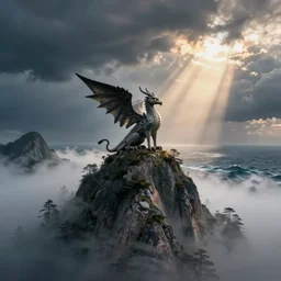 gargoyles on top of a misty mountain, ocean storm, 4k, Crepuscular Rays, Octane render