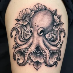 detailed amazing floral tattoo stencil of a cartoon octopus