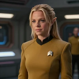 4K video of young attractive high-fantasy elf (played by Britney Spears) in a Starfleet uniform in Star Trek, scene where she is on Deep Space Nine, photorealistic, soft light, cinematic lighting, sharp, camera