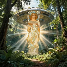 old photo overgrown zaha hadid alphonse mucha spaceship symmetry godraysruins in jungle sunlight
