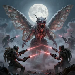 concept art of giant mutant fairy attack, lovecraftian, lots of teeth, melting horror, fluffy feathers, round moon, rich clouds, fighting the horrors of the unknown with laser guns, high resolution, very detailed, colorful, roaring, volumetric light, mist, grim