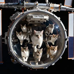 Photo of cats floating inside the International Space Station in zero gravity, highly-detailed 4K award-winning cinematic