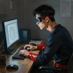 an insanely detailed painting of a nerdy asian man wearing a superhero costume and mask, sitting at a desk, staring at the nervously at the computer and typing, in the style of peter mohrbacher, dramatic lighting and composition, octane render, trending on artstation, concept art, comic book, view from back