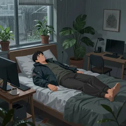a man lying on his bed wearing a jacket with a computer and coffee on the table on a cold rainy day, room full of plants, gloomy weather, highly detailed,  artstation, concept art, smooth, sharp focus, illustration, art by jon foster and james jean and artgerm and yuumei
