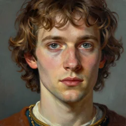 A beautiful close-up of a young medieval man, digital art by Edward Hopper, vibrant color scheme, highly detailed, in the style of romanticism, fine Art, high detail, great lighting, 8k resolution, masterpiece, concept art, illustration, clear eyes, soft lighting, soft details, painting oil on canvas, octane render, HDR, trending on artstation, 4k, 8k, HD