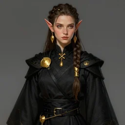 half elf character in a black robe with golden accessories. Braided hair and large earrings. fantasy character, detailed illustration, hd, 4k, digital art, overdetailed art, concept art, y Dan Mumford and Peter Mohrbacher, complementing colors, Trending on artstation, deviantart