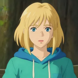 a kodachrome 3 d render portrait of a blonde girl with a blue - green hoodie, blue eyes, no eyebrows, finely detailed features, gapmoe yandere grimdark, trending on pixiv fanbox, painted by greg rutkowski makoto shinkai takashi takeuchi studio ghibli, akihiko yoshida, pixar 3 d film still, renderman
