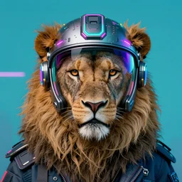 A portrait of lion wearing a futuristic helmet in the style of synthwave